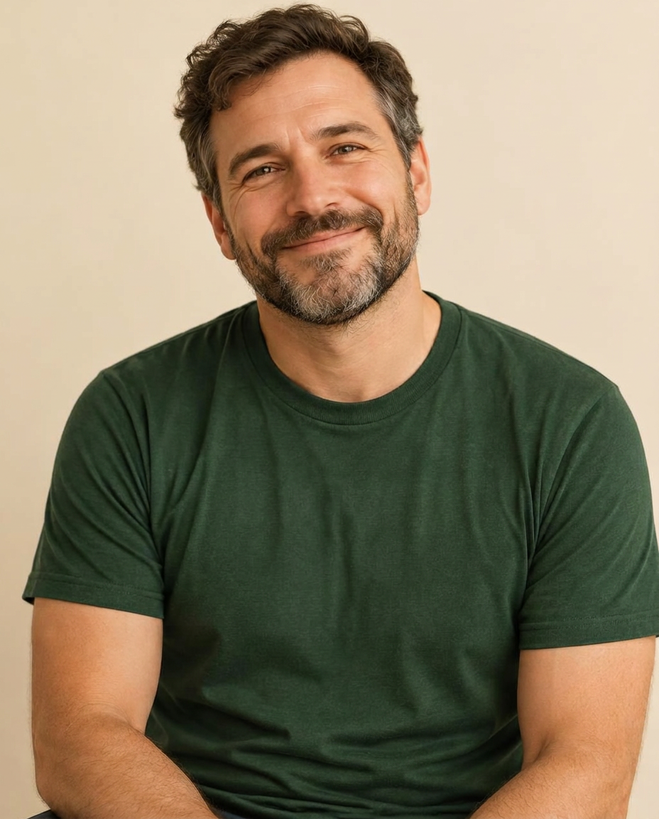 AI-generated adult male model wearing a plain pine-green shirt with no lettering