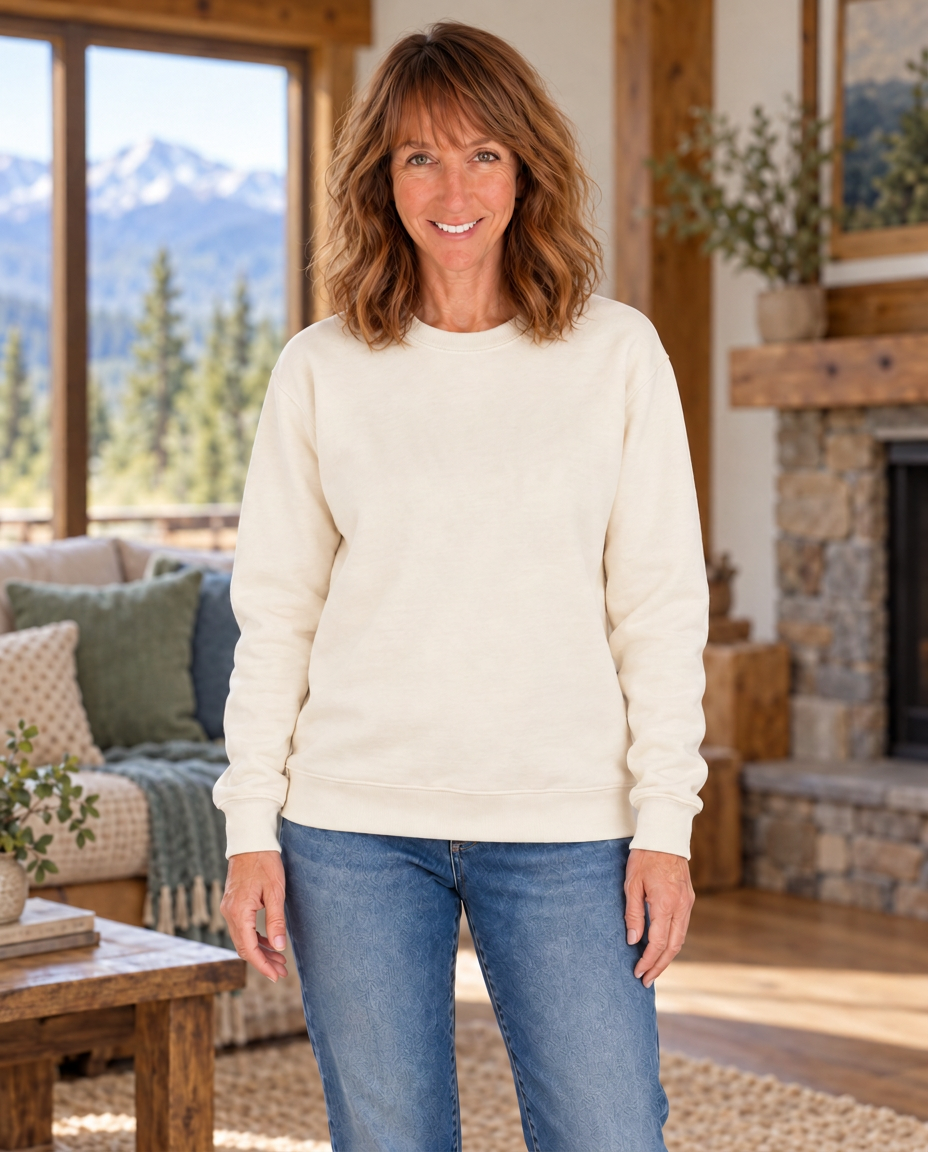 AI-generated portrait of Nikki wearing a plain warm-cream sweatshirt with no lettering